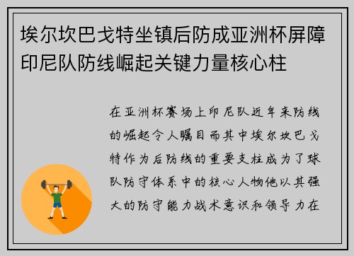 埃尔坎巴戈特坐镇后防成亚洲杯屏障印尼队防线崛起关键力量核心柱