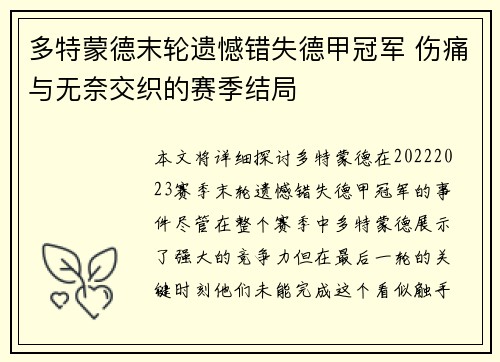 多特蒙德末轮遗憾错失德甲冠军 伤痛与无奈交织的赛季结局