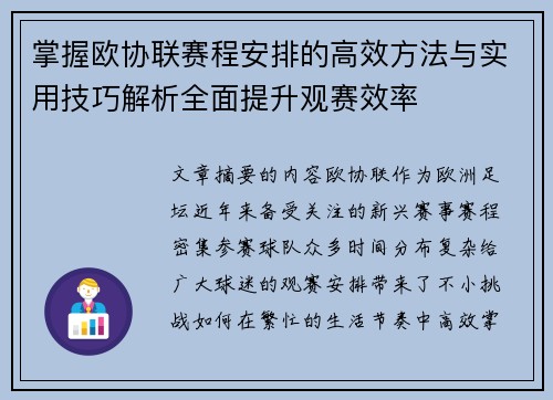 掌握欧协联赛程安排的高效方法与实用技巧解析全面提升观赛效率