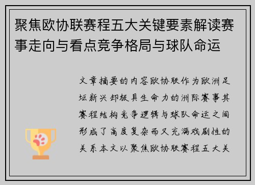 聚焦欧协联赛程五大关键要素解读赛事走向与看点竞争格局与球队命运